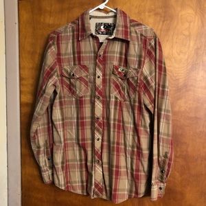 Mossy Oak Mens M Western Dark Pearl Snap Red Tan Plaid Long Sleeve Shirt